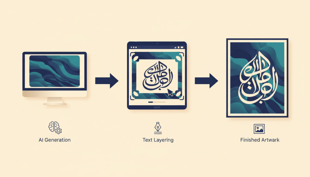 مراحل إنشاء خلفية بالذكاء الاصطناعي ثم إضافة النص العربي ومراجعة التصميم